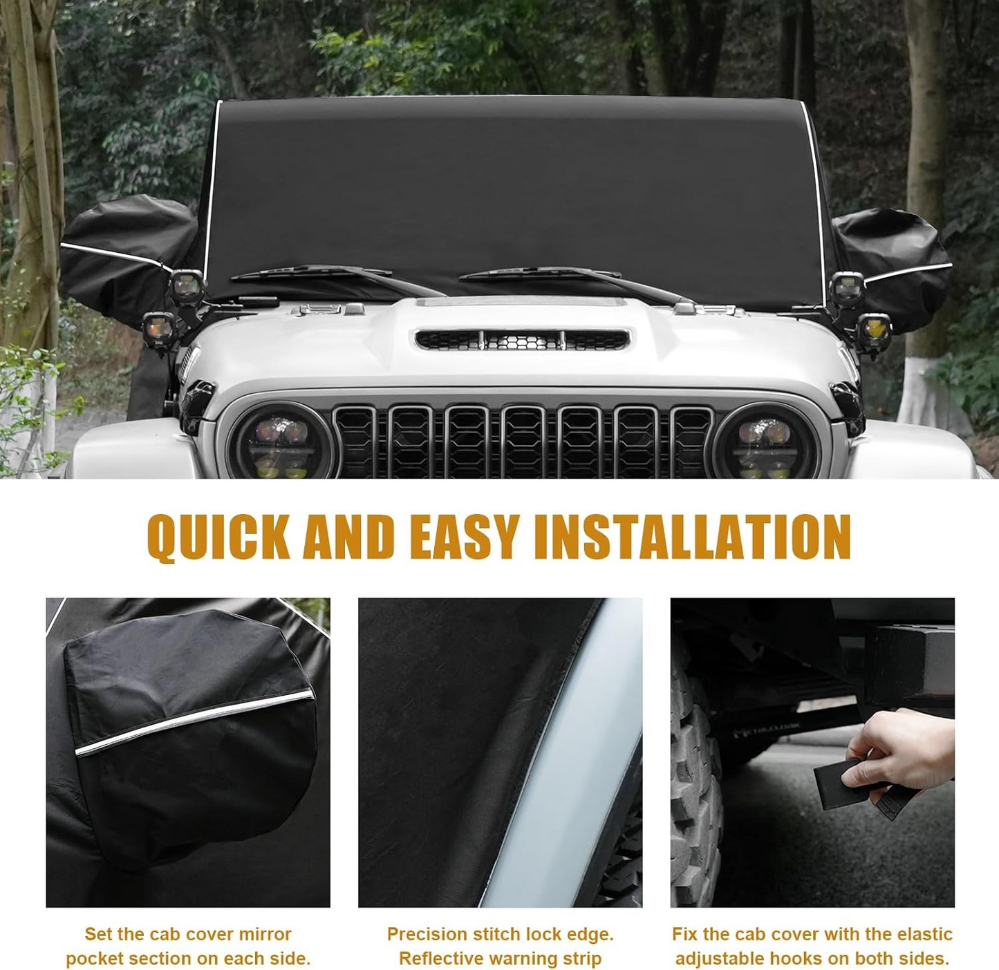 Cab Cover 600D Oxford Windproof Sunshade Cover for 2007-2024 Jeep Wrangler JK JL 4 Door, 6-Layer Protection Frost Wiper & Mirror Covers Protect from Sunshine, UV, Snow, Rain, Wind Black