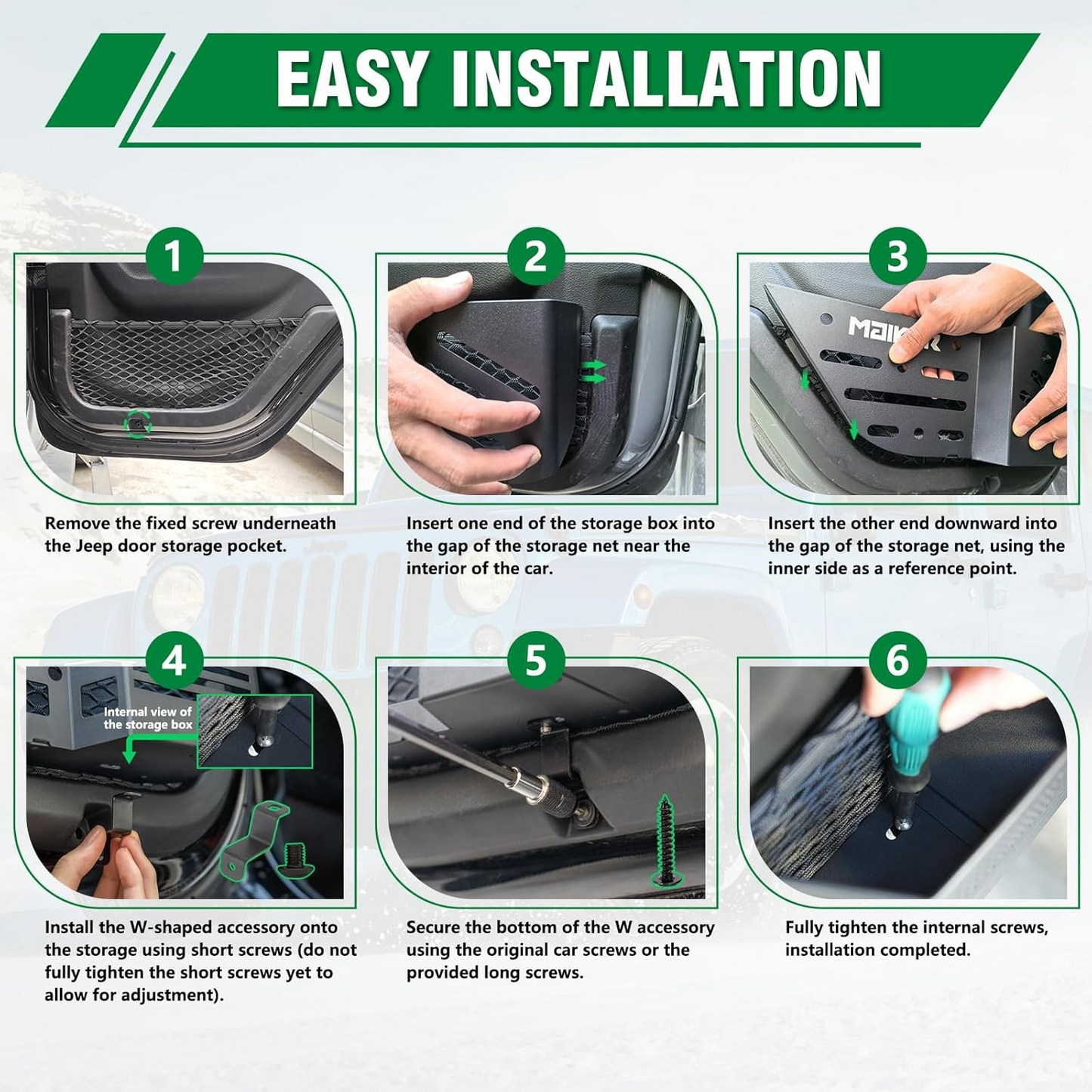 MAIKER Metal Rear Door Pocket Storage Box Compatible with 2018-2024 Jeep Wrangler JL JLU 4XE & 2020-2024 Gladiator JT, Molle Panels Door Organizer Replaces Sagging Nets, 2PCS