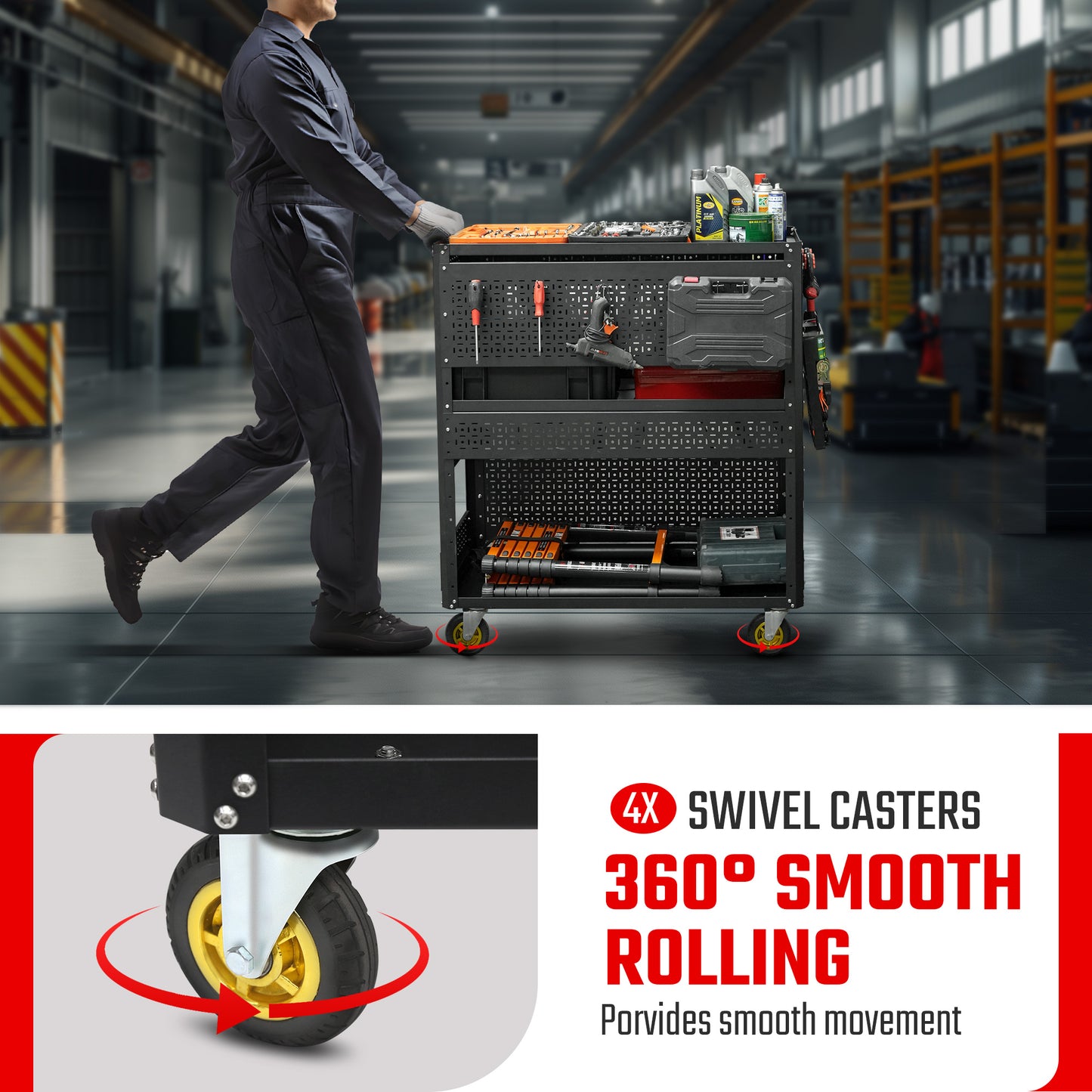 3-Tier DIY Detachable Utility Cart Storage Tool Cart With Steel Pegboard, Foldable Rolling Tool Cart with Wheels For Garage Organizer and Tool Storage