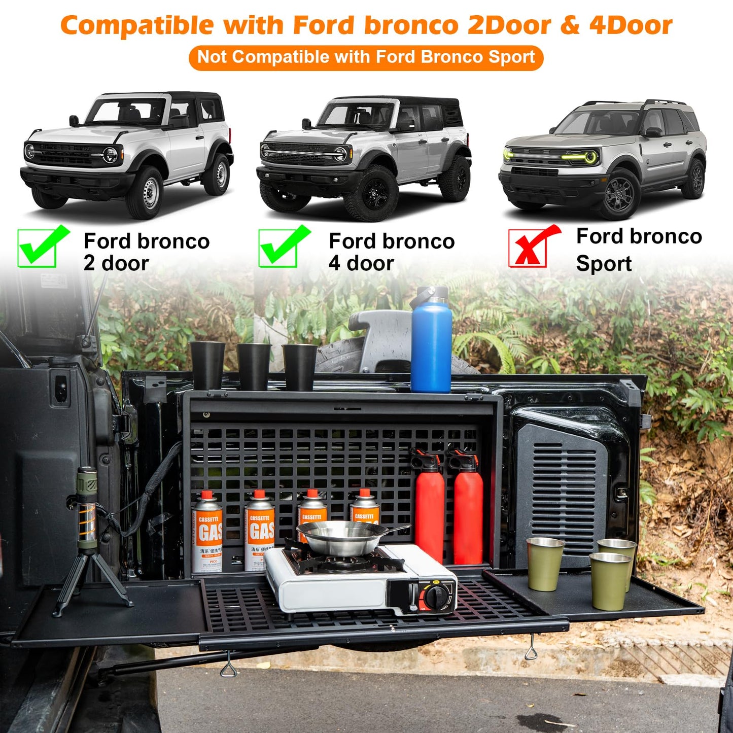Tailgate Table Storage Lock Box Multi-Functional Rear Foldable Table Cargo Shelf Storage Molle Panel Camping Desk (21-25 Ford Bronco, Not Fit Bronco Sport)