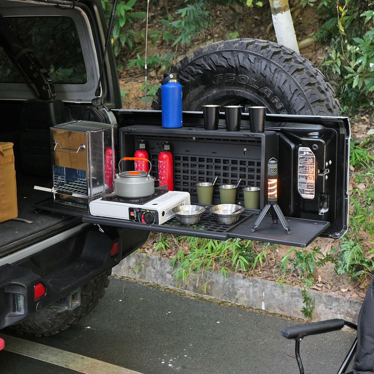 Multi-Functional Rear Foldable Table Cargo Shelf Storage Molle Panel Camping Desk (07-18 Jeep Wrangler JK JKU / 18-24 Jeep Wranger JL JLU）