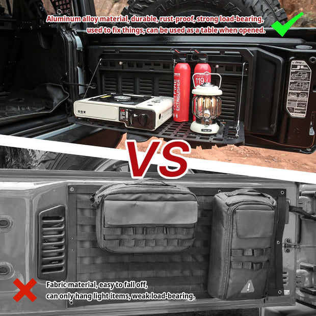 Tailgate Table Molle Panel Foldable Cargo Shelf Aluminum Alloy Storage Shelf (07-24 Jeep Wrangler JK JKU JL JLU, Not Fit JK Models with Stock Subwoofer)