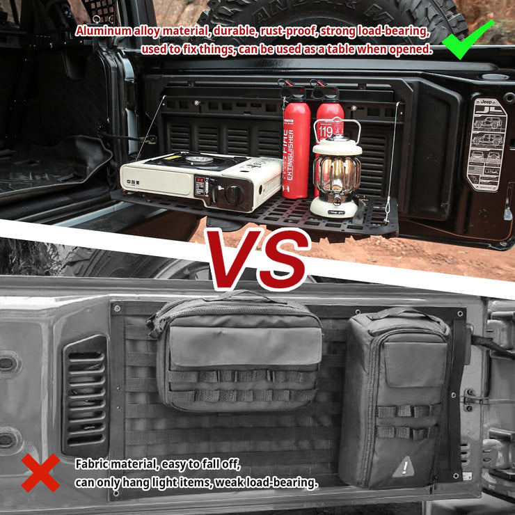 Tailgate Table Molle Panel Foldable Cargo Shelf Aluminum Alloy Storage Shelf (07-24 Jeep Wrangler JK JKU JL JLU, Not Fit JK Models with Stock Subwoofer)