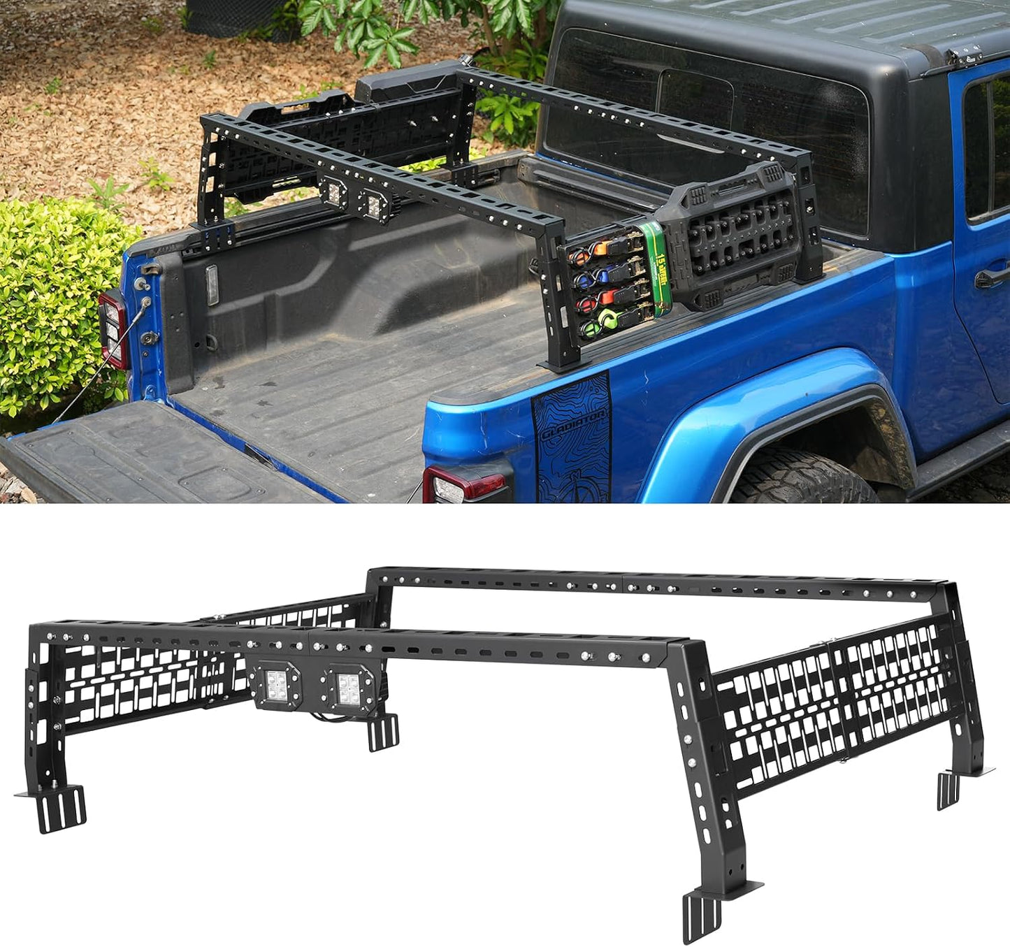 Universal Adjustable Truck Bed Rack, 3-Way Adjustable Width Length & Height, Ladder Rack with LED Lights & MOLLE Panels, 1100LBS Capacity for Gladiator JT Tacoma Frontier GMC Canyon Colorado Ranger