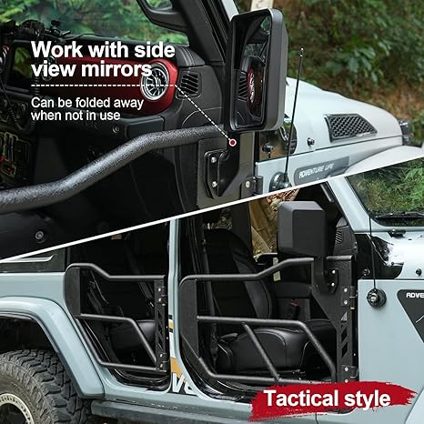 Tubular Half 4 Doors with Side View Mirrors, Off-Road Steel Doors for Summer Trail Adventure（18-24 Jeep wrangler JL JLU, 20-24 Gladiator JT）