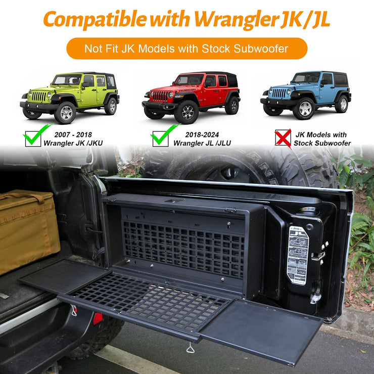 Multi-Functional Rear Foldable Table Cargo Shelf Storage Molle Panel Camping Desk (07-18 Jeep Wrangler JK JKU / 18-24 Jeep Wranger JL JLU）