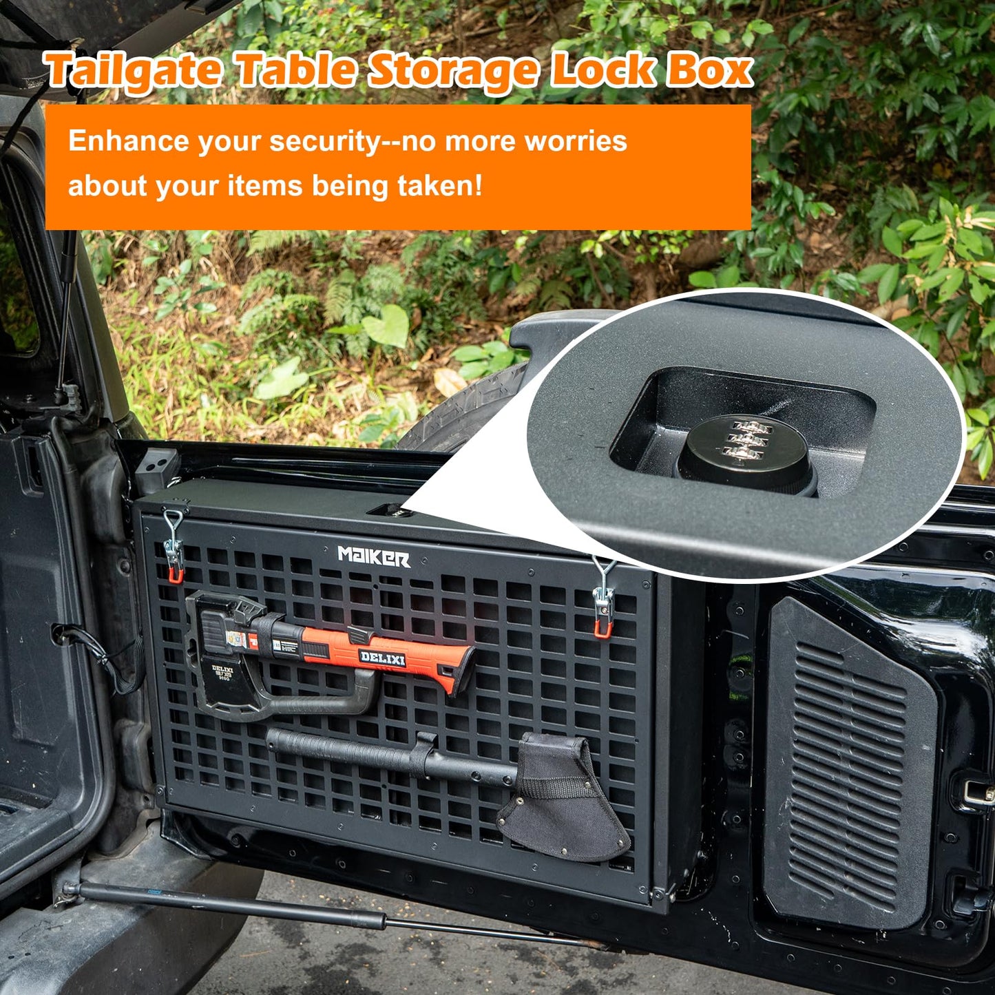 Tailgate Table Storage Lock Box Multi-Functional Rear Foldable Table Cargo Shelf Storage Molle Panel Camping Desk (21-25 Ford Bronco, Not Fit Bronco Sport)