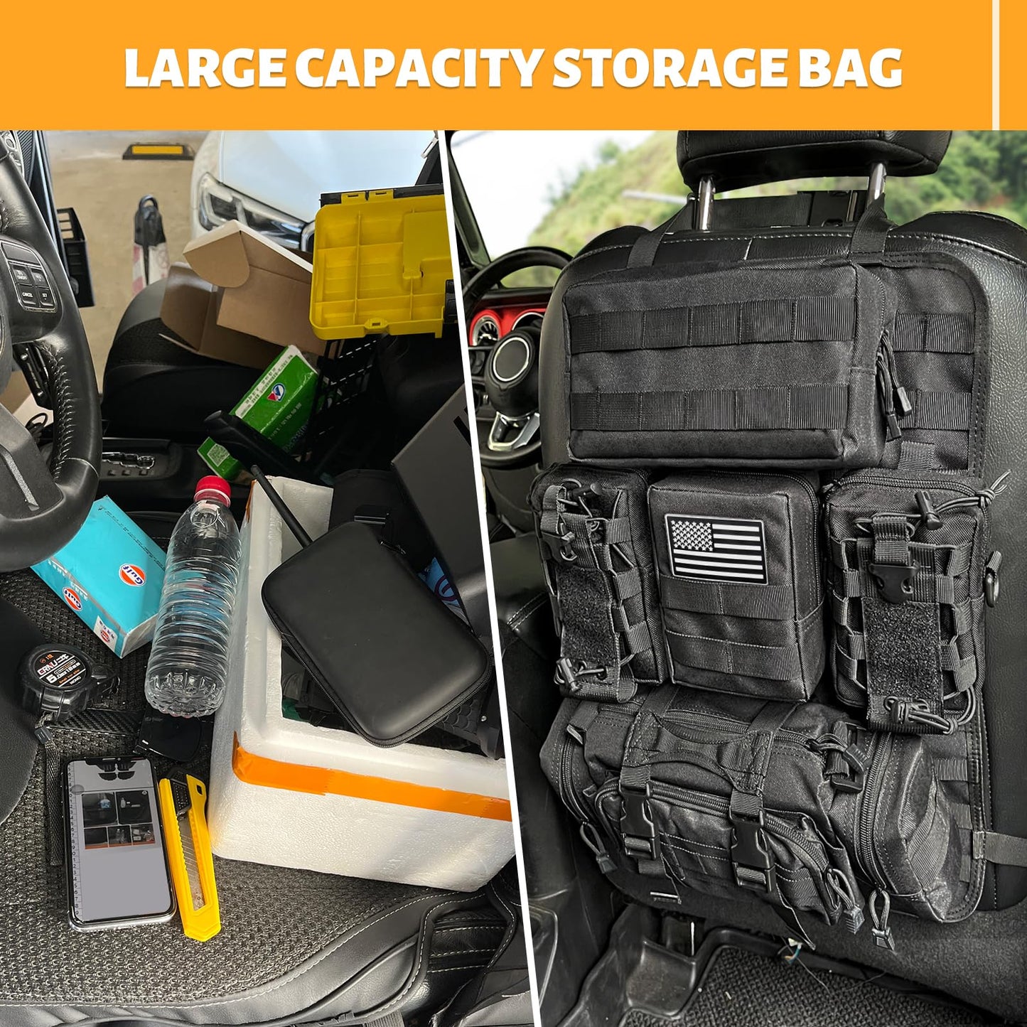 Tactical Vehicle Seat Back Storage Bag with 5 Removable Molle Bags, Dual Water cup bags 4 Different Sizes of Multi-Pocket Management Panel Storage Bags for All Vehicles