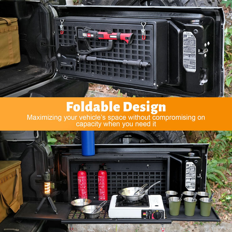 Multi-Functional Rear Foldable Table Cargo Shelf Storage Molle Panel Camping Desk (07-18 Jeep Wrangler JK JKU / 18-24 Jeep Wranger JL JLU）