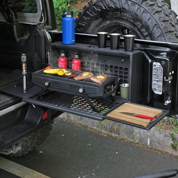 Multi-Functional Rear Foldable Table Cargo Shelf Storage Molle Panel Camping Desk (07-18 Jeep Wrangler JK JKU / 18-24 Jeep Wranger JL JLU）