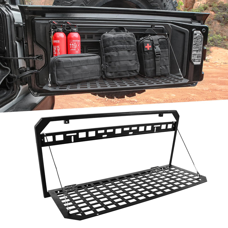 Tailgate Table Molle Panel Foldable Cargo Shelf Aluminum Alloy Storage Shelf (07-24 Jeep Wrangler JK JKU JL JLU, Not Fit JK Models with Stock Subwoofer)