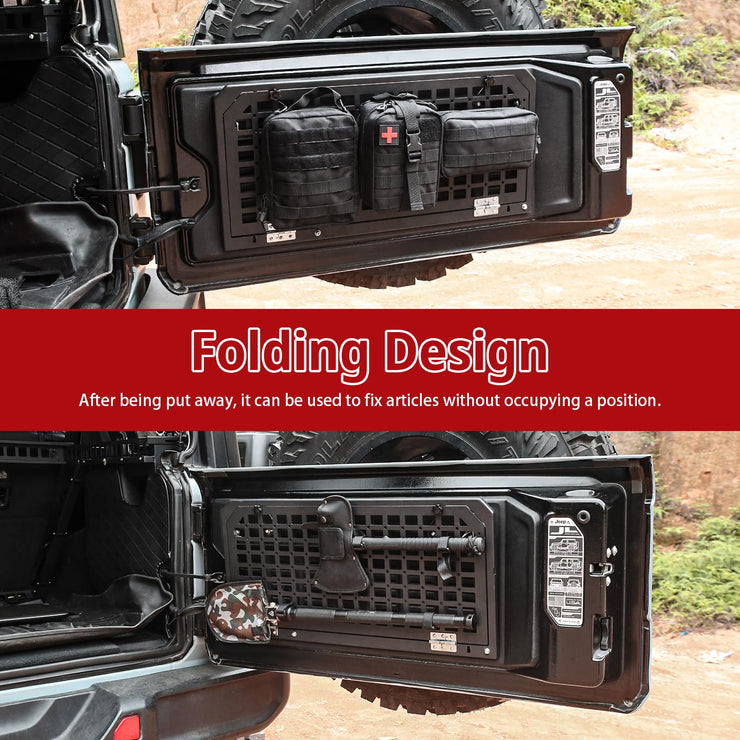 Tailgate Table Molle Panel Foldable Cargo Shelf Aluminum Alloy Storage Shelf (07-24 Jeep Wrangler JK JKU JL JLU, Not Fit JK Models with Stock Subwoofer)