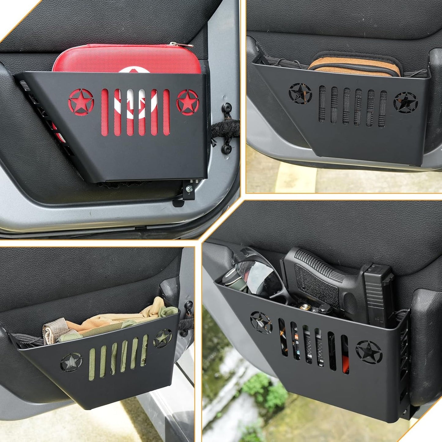 Rear door storage box Compatible with 2007-2018 Jeep Wrangler JK, Door Side Insert Organizer Box Metal Door Net Pocket Replacement Door Organizer Panel, 2pc