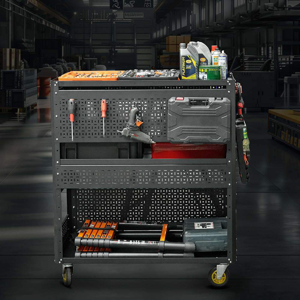 3-Tier DIY Detachable Utility Cart Storage Tool Cart With Steel Pegboard, Foldable Rolling Tool Cart with Wheels For Garage Organizer and Tool Storage