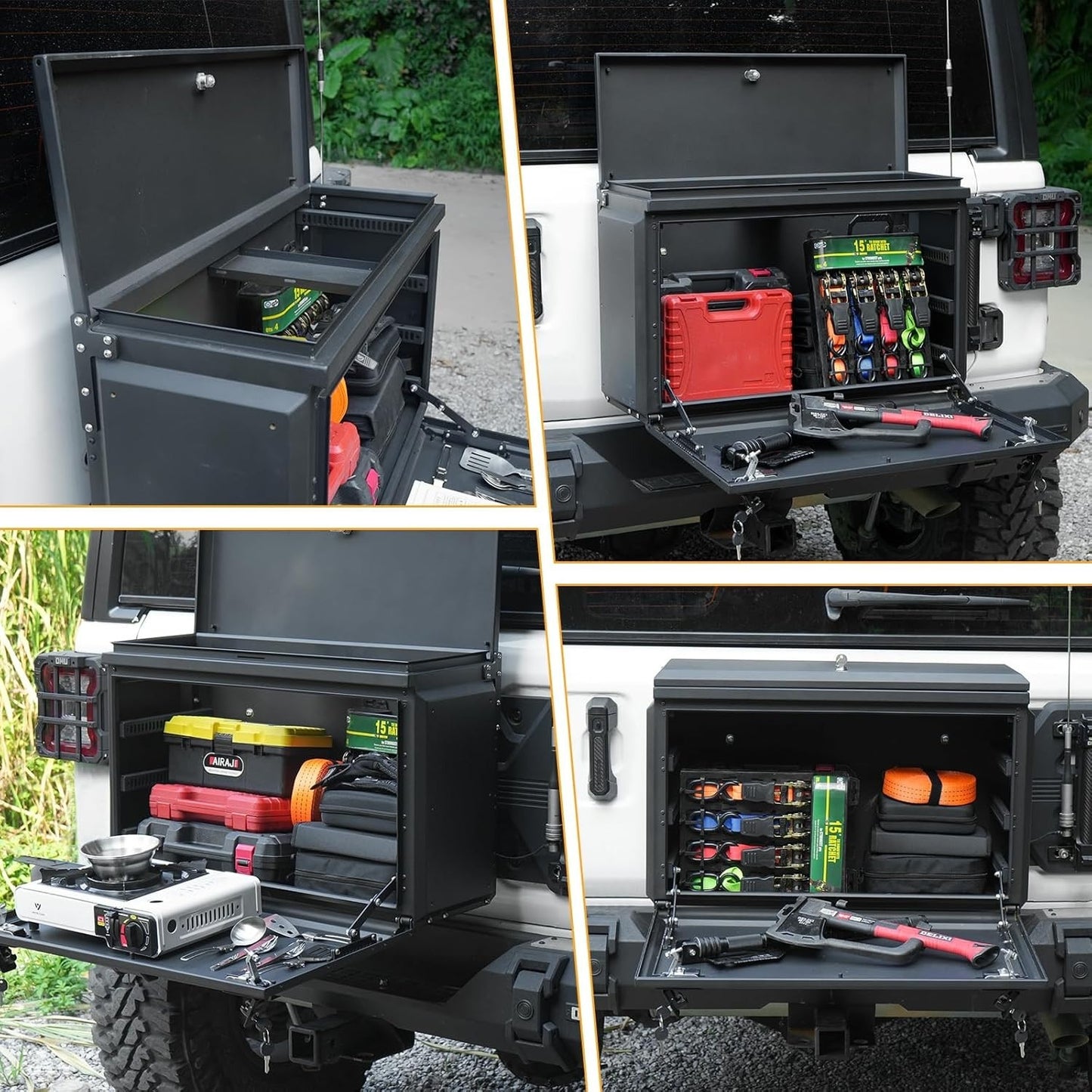 Wrangler Tailgate Table Storage Lock Box Compatible with Jeep Wrangler 2007-2017 JK & 2018-2024 JL 4 Doors, Multifunctional Cargo Rack Shelf Storage Bin Camping Desk
