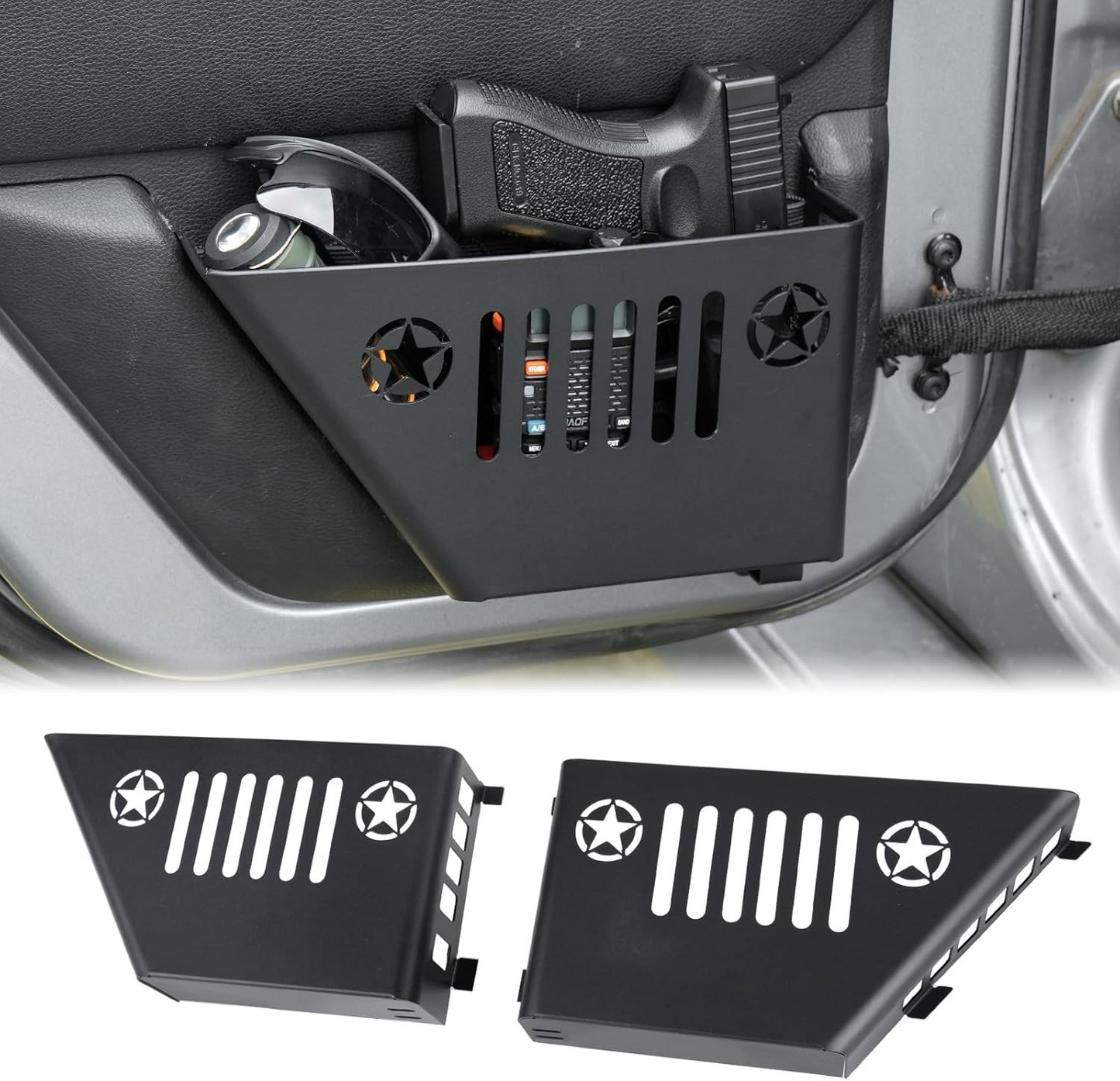 Metal Front Pocket Storage with Cup Holder Compatible with 2007-2018 Jeep Wrangler JK/JKU, Door Organizer Panel, Matte Black Finish, 2pc
