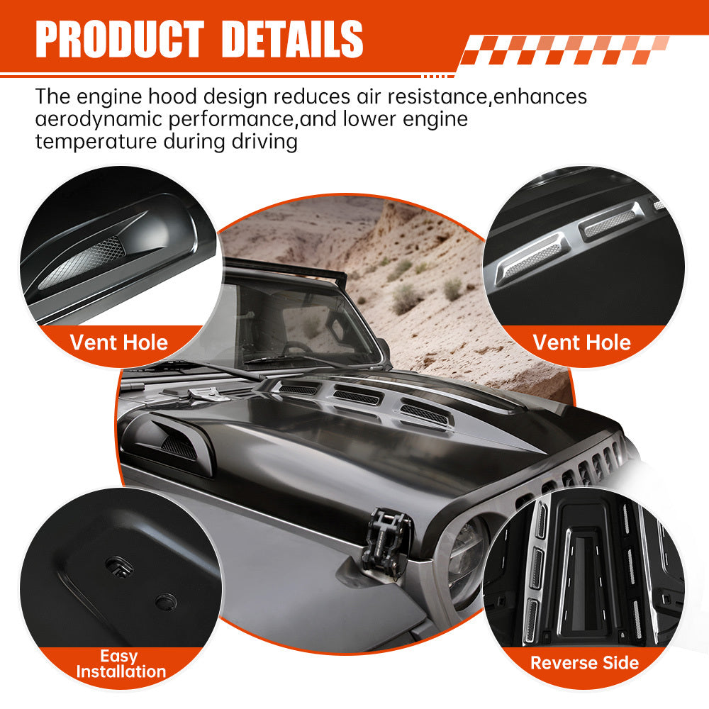 Vented Heat Dispersion Hood Compatible with Jeep Wrangler JL JLU 2018-2024 Gladiator JT 2020-2024 Avenger Style Metal Replacement Hoods Accessory(Not Fit Mojave and 392 Models)