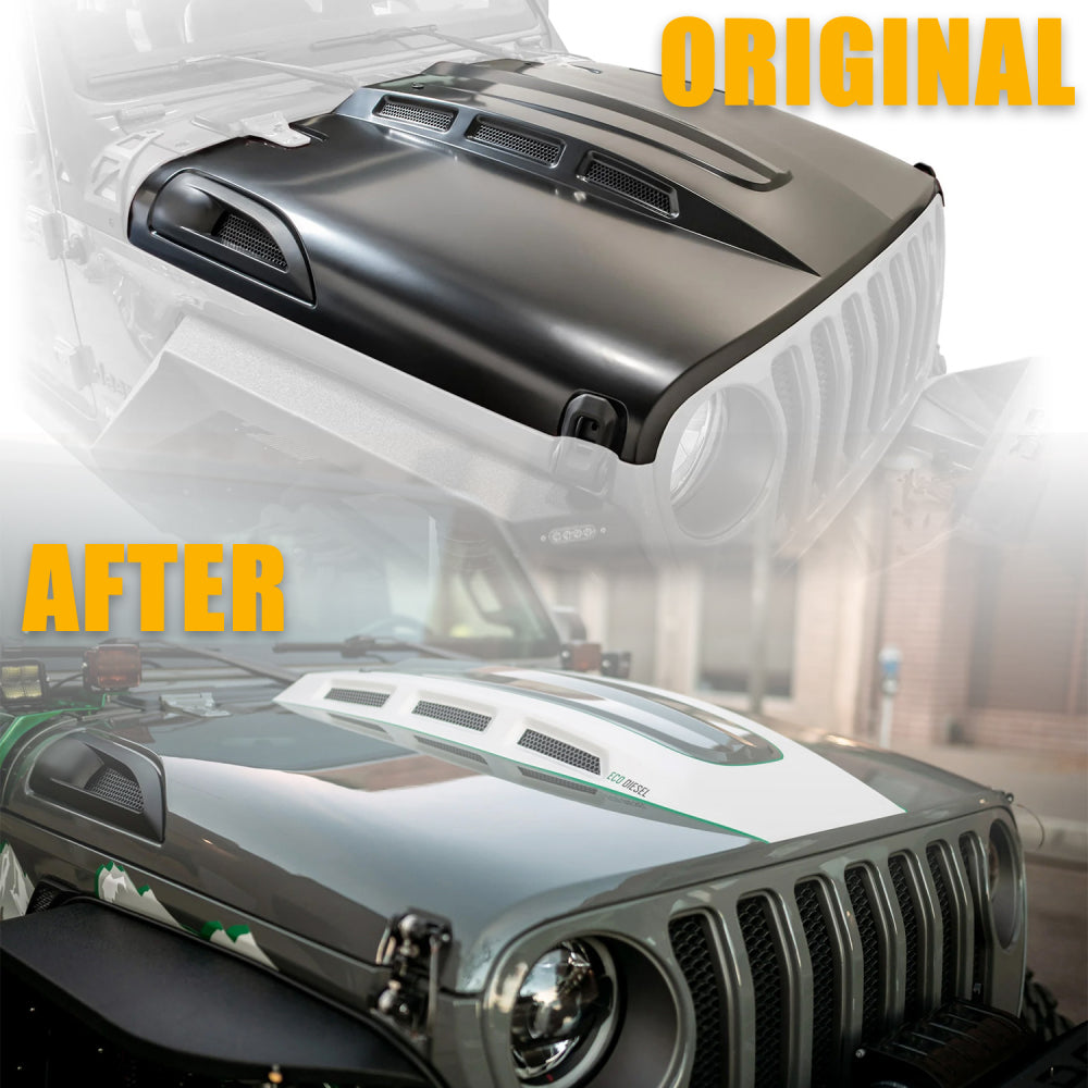 Vented Heat Dispersion Hood Compatible with Jeep Wrangler JL JLU 2018-2024 Gladiator JT 2020-2024 Avenger Style Metal Replacement Hoods Accessory(Not Fit Mojave and 392 Models)