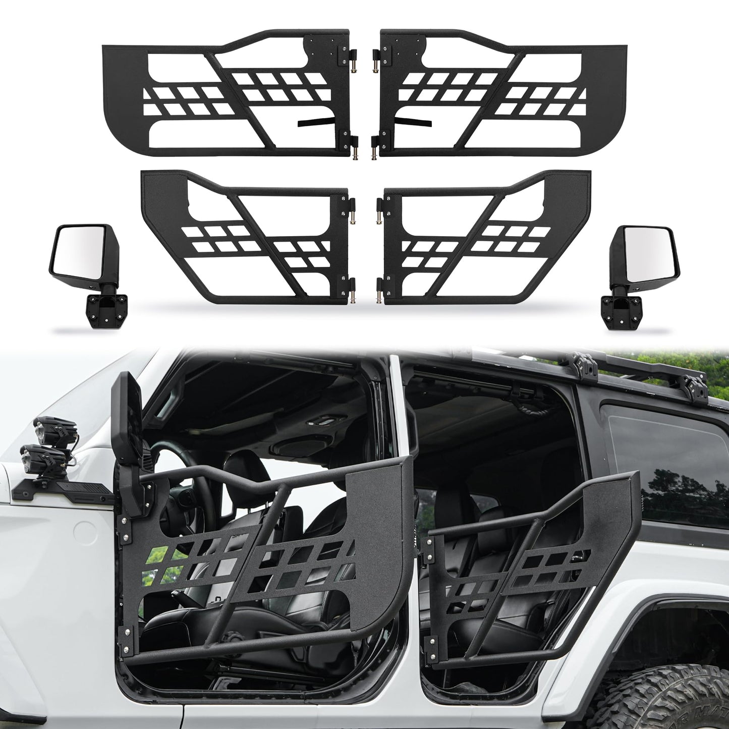 Steel Tubular Doors Tube Doors Tubular Half Doors with Adjustable Rearview Mirrors Compatible with 2018-2024 Jeep Wrangler JL JLU & Gladiator JT 4 Door Models - Off-Road Trail Adventure