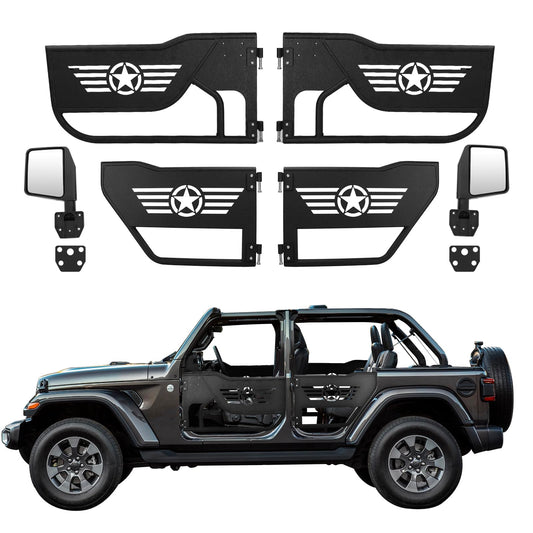 MAIKER Steel Tubular Half Doors with Side View Mirrors Compatible with 2018-2024 Jeep Wrangler JL Unlimited 4-Door, Off-Road Trail Adventure Front & Rear Tube Doors Five Star Pattern