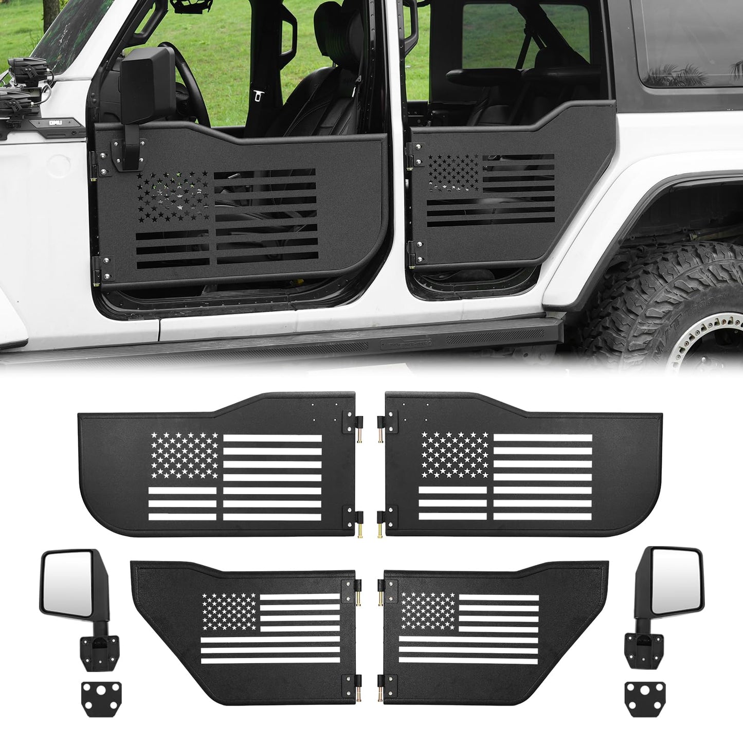 Tube Doors Compatible with 2018-2024 Jeep Wrangler JL JLU 4-Door models Tubular Half Doors with USA Flag Logo