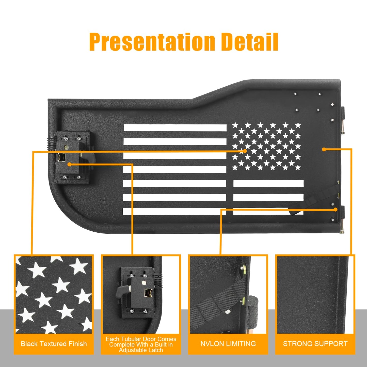 Tube Doors Compatible with 2018-2024 Jeep Wrangler JL JLU 4-Door models Tubular Half Doors with USA Flag Logo