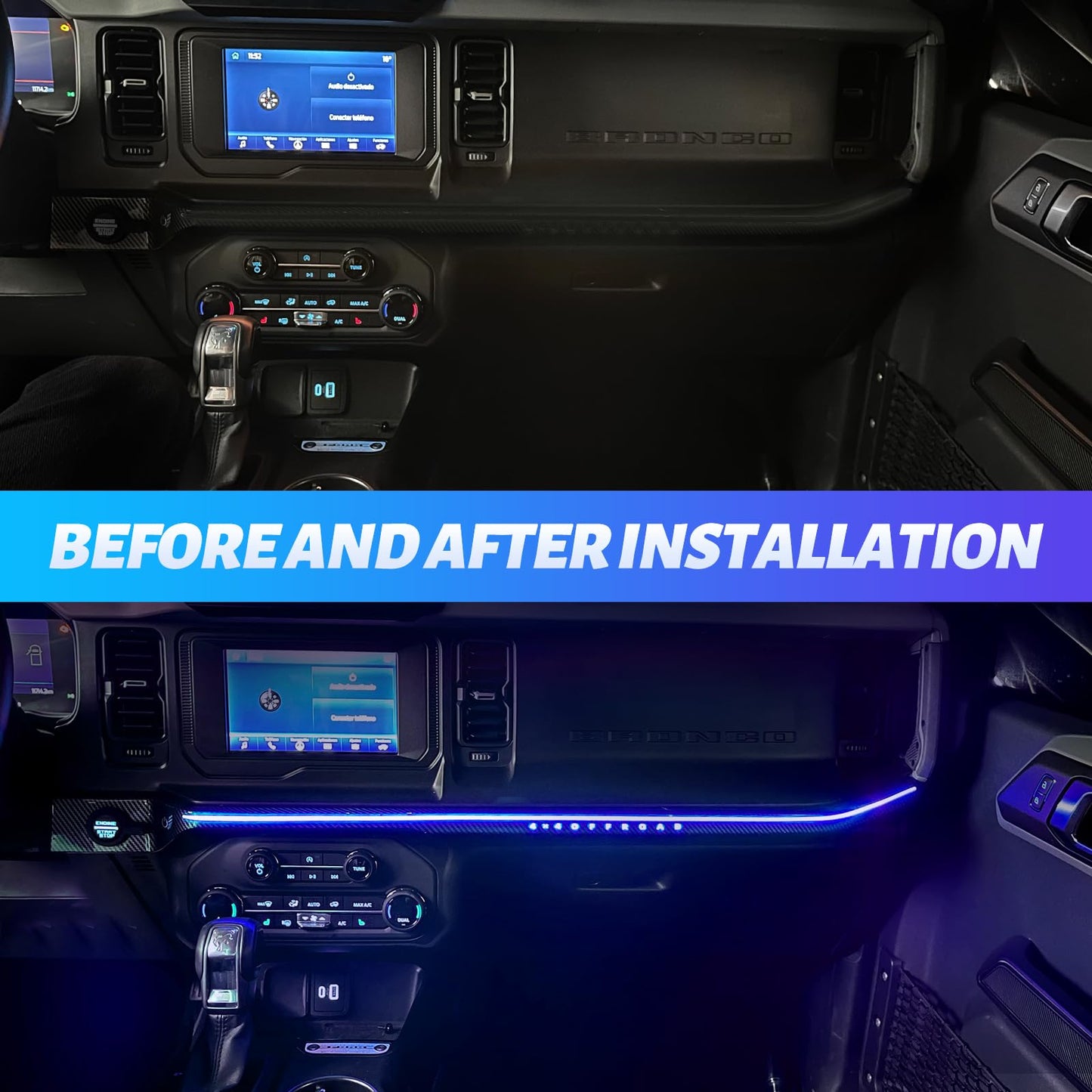 Car Interior Atmosphere Light 7 Colors LED Strip Lights for Center Control Passenger Position (21-24 Ford Bronco, Not for Sport）
