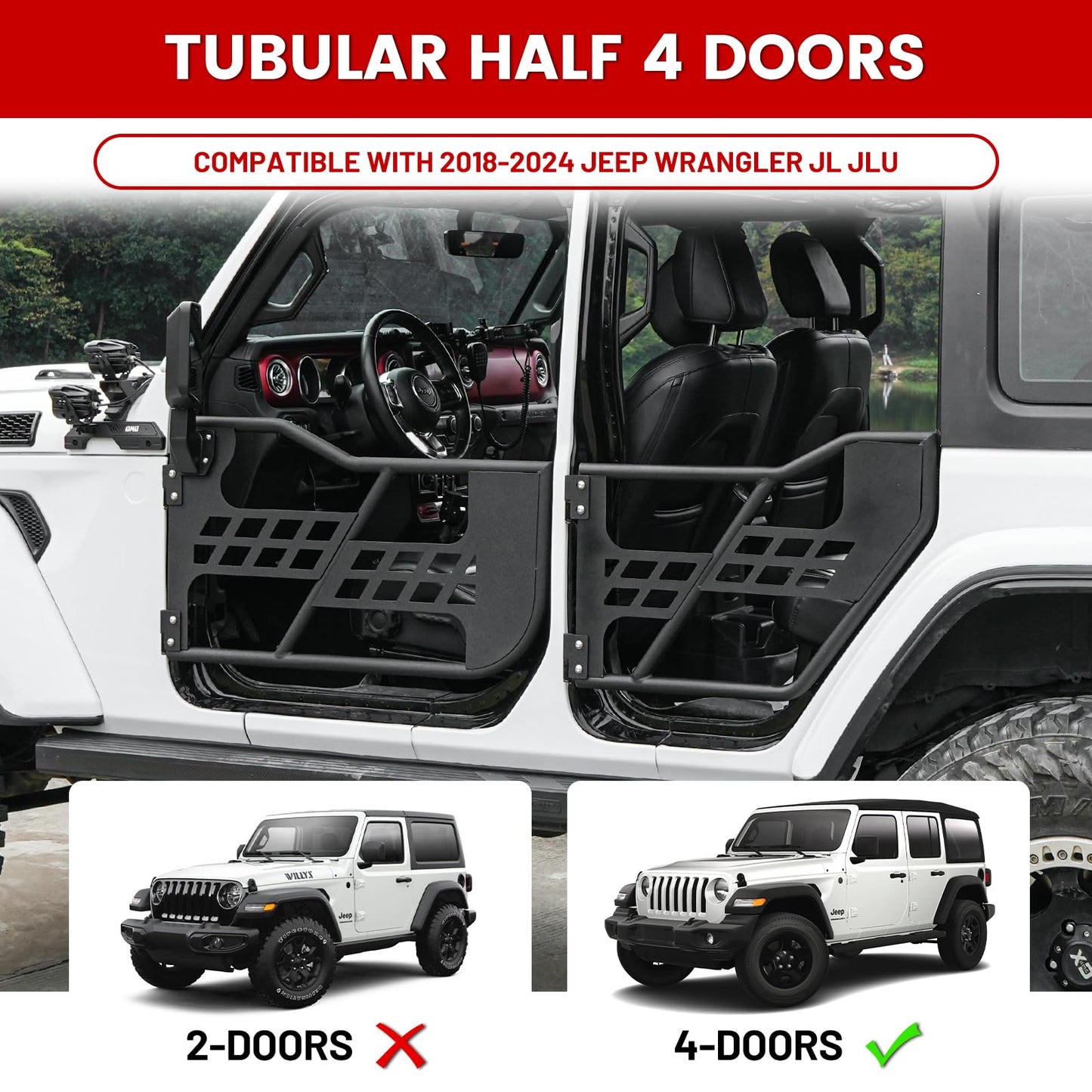 Steel Tubular Doors Tube Doors Tubular Half Doors with Adjustable Rearview Mirrors Compatible with 2018-2024 Jeep Wrangler JL JLU & Gladiator JT 4 Door Models - Off-Road Trail Adventure