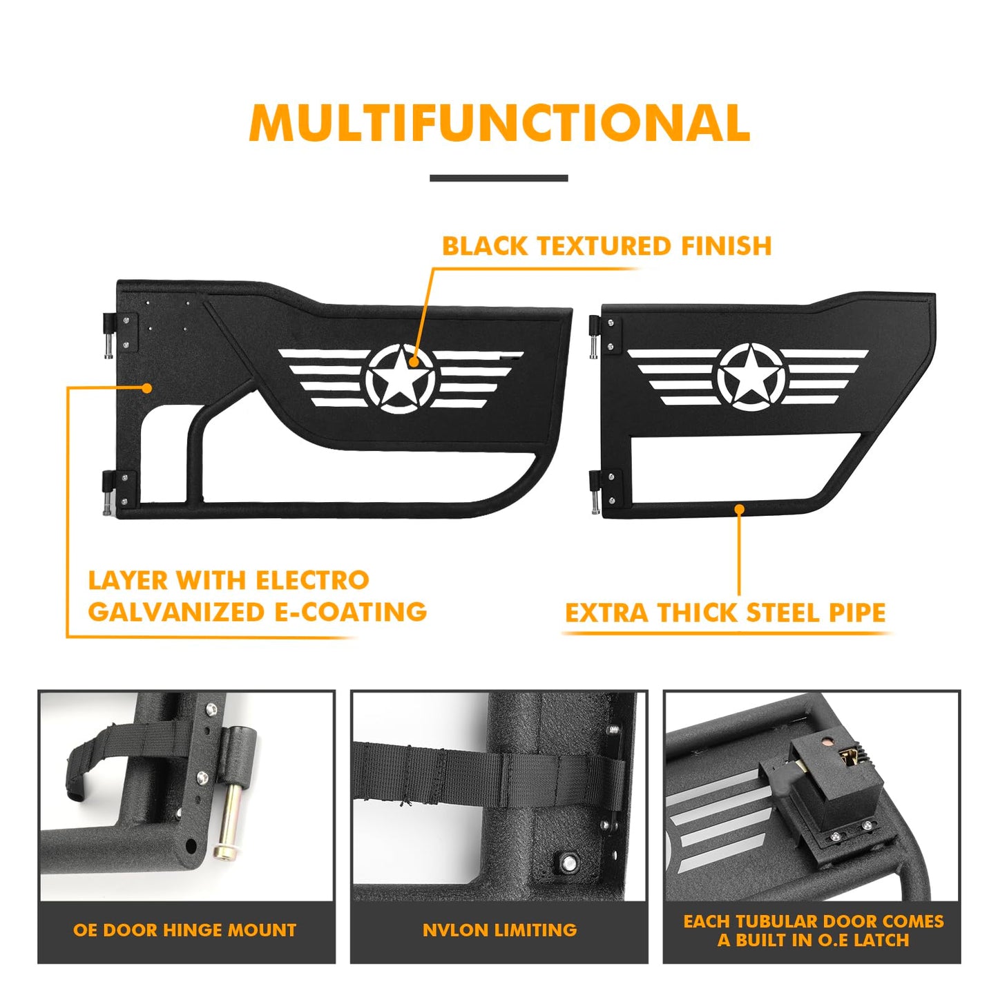 MAIKER Steel Tubular Half Doors with Side View Mirrors Compatible with 2018-2024 Jeep Wrangler JL Unlimited 4-Door, Off-Road Trail Adventure Front & Rear Tube Doors Five Star Pattern