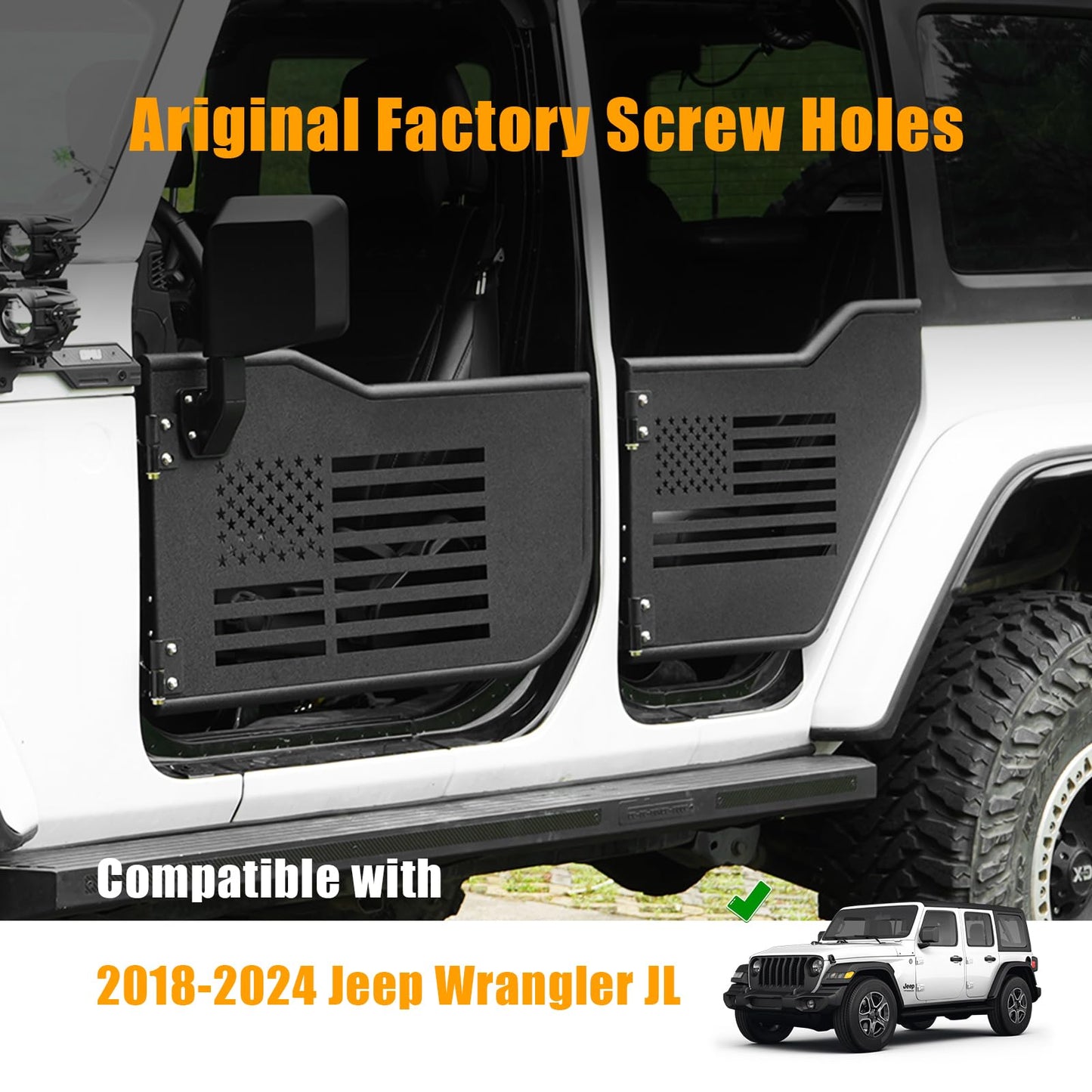 Tube Doors Compatible with 2018-2024 Jeep Wrangler JL JLU 4-Door models Tubular Half Doors with USA Flag Logo