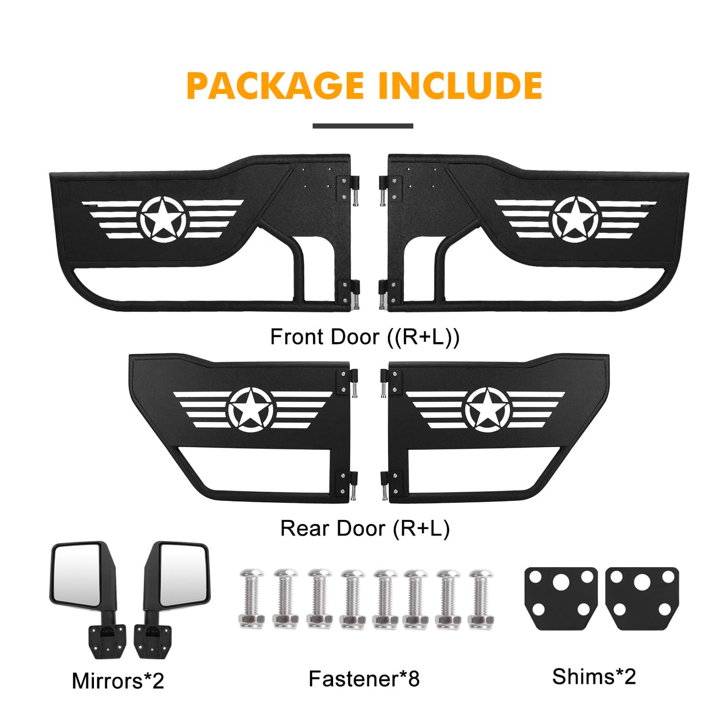 MAIKER Steel Tubular Half Doors with Side View Mirrors Compatible with 2018-2024 Jeep Wrangler JL Unlimited 4-Door, Off-Road Trail Adventure Front & Rear Tube Doors Five Star Pattern