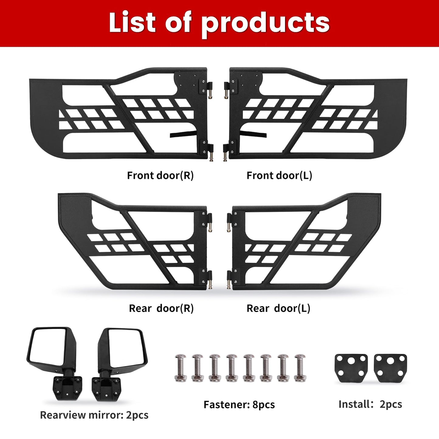 Steel Tubular Doors Tube Doors Tubular Half Doors with Adjustable Rearview Mirrors Compatible with 2018-2024 Jeep Wrangler JL JLU & Gladiator JT 4 Door Models - Off-Road Trail Adventure