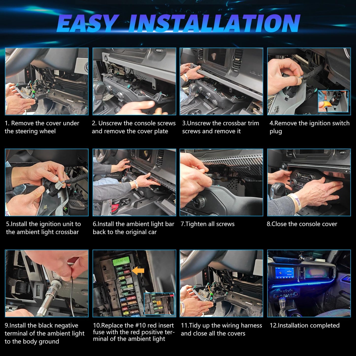 Car Interior Atmosphere Light 7 Colors LED Strip Lights for Center Control Passenger Position (21-24 Ford Bronco, Not for Sport）