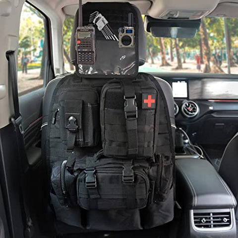 Universal Tactical Vehicle Seat Back Organizer with 3 Detachable Molle Pouch Medical Pouch,Tool Pouch,Large Admin Pouch Vehicle Panel Organizer Storage Bag for All Vehicle