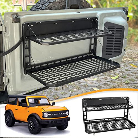 MAIKER Folding Rear Tailgate Table for Ford Bronco Accessories 2021 2022 2023 2/4 Doors, Aluminum Alloy 2-Tier Camping Cargo Shelf Luggage Holder Carrier