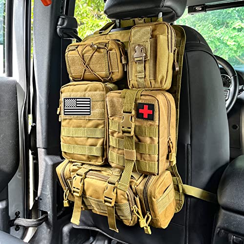 Universal Tactical Seat Back Organizer Vehicle Molle Panel Organizer  Storage Bag with 5 Detachable Molle Pouch, Khaki