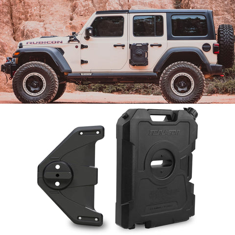 Door Hinge Gasoline Container and Mount Set - 2.5 Gallon/9L Gas Pack and Bracket Fuel Tank with Snap-in Spout Backup Petrol Water Storage Can Portable Compatible with Wrangler JK JL JT Black(1 Container&1 Mount )
